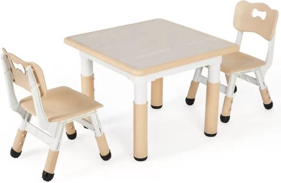 J&R Kindertafel Kinder tafel met stoelen Speeltafel Tekentafel Set van tafel en stoelen Kunststof Hoogte verstelbaar Beige 60x60cm