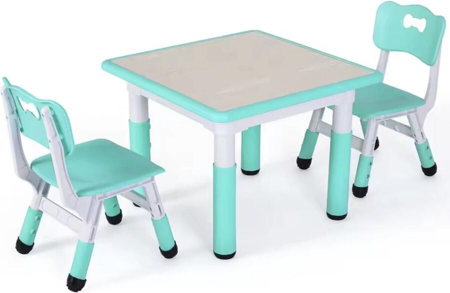 J&R Kindertafel Kinder tafel met stoelen Speeltafel Tekentafel Set van tafel en stoelen Kunststof Hoogte verstelbaar Groen 60x60cm