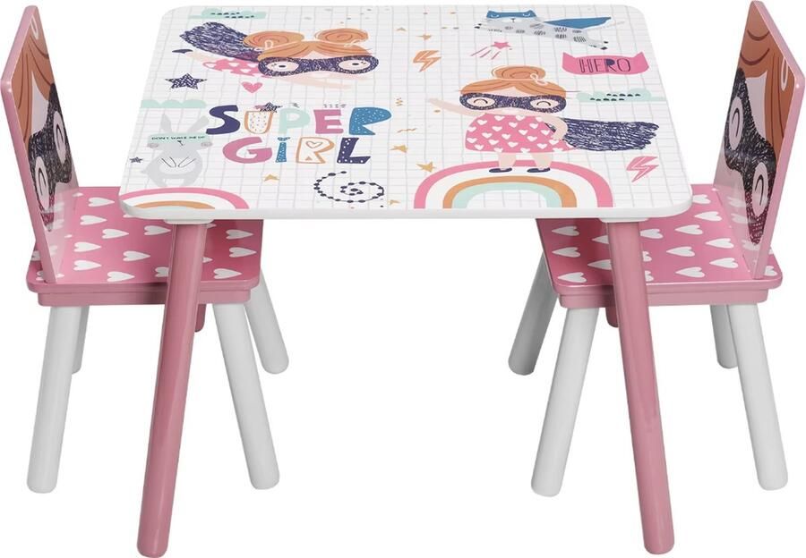 J&R Kindertafel Speeltafel Kindertafel met 2 stoelen Kinderbureau Roze wit 60x60x44