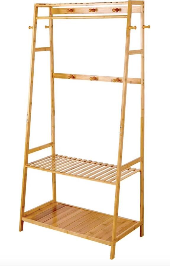 J&R Kledingrek Bamboe kledingrek Open kledingkast Planken Stang Haken Hout Bamboe Bruin