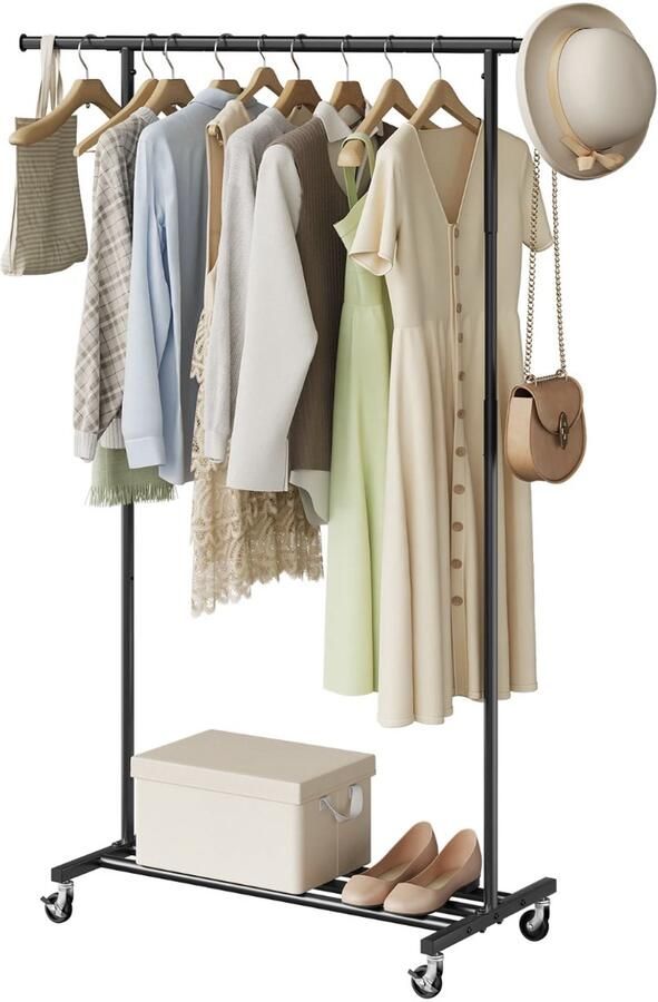 J&R Kledingrek Kapstok Kleding rek op wielen Garderobe rek Ophang rek Kleding stang Hoogte verstelbaar Uitschuifbaar Verrijdbaar Zwart