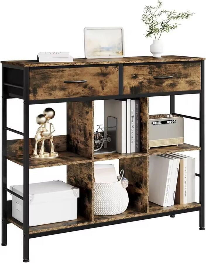 J&R Ladekast Boekenkast Gangkast Sidetable Halfhoge kast Vakkenkast Muurtafel 2 lades Bruin hout Zwart metaal 105x90.5x30cm