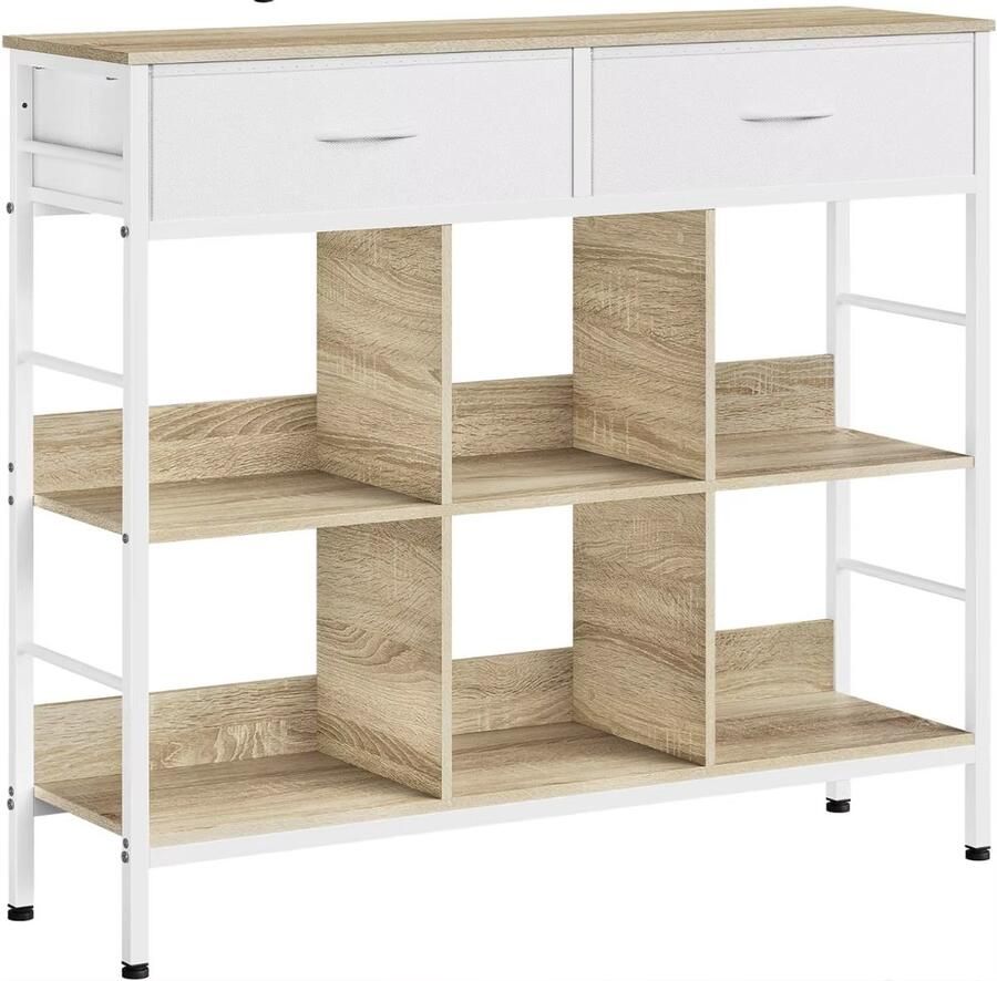 J&R Ladekast Boekenkast Gangkast Sidetable Halfhoge kast Vakkenkast Muurtafel 2 lades Lichtbruin hout Wit metaal 105x90.5x30cm