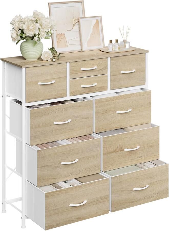 J&R Ladekast Dressoir Gangkast Kast Opbergkast Kledingkast Metalen frame Houten basis met stof bekleed lades Industrieel Light oak