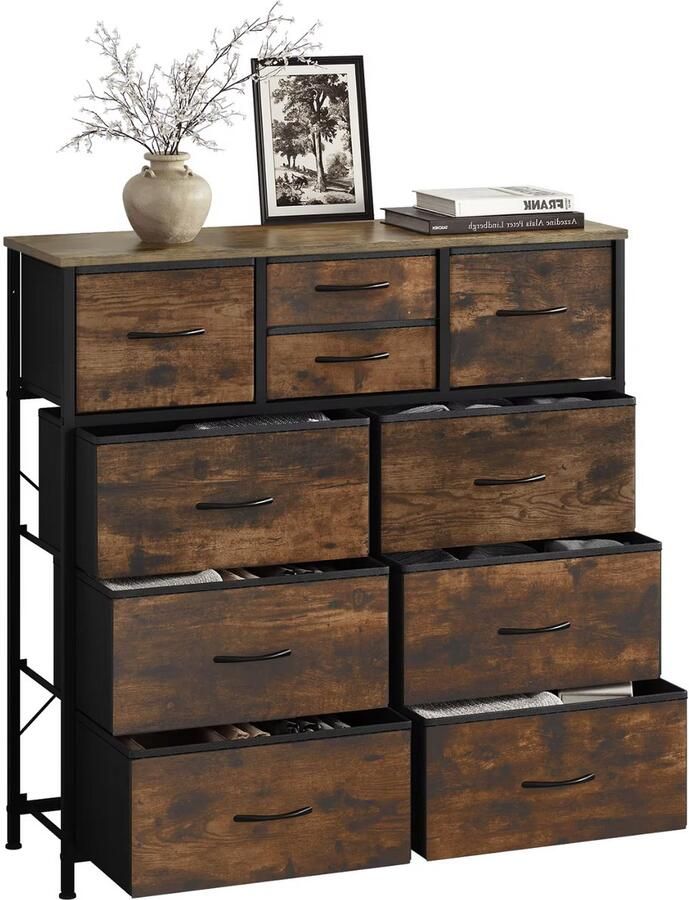 J&R Ladekast Dressoir Gangkast Kast Opbergkast Kledingkast Metalen frame Houten basis met stof bekleed lades Industrieel Bruin