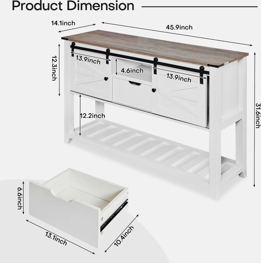 J&R Landelijke Sidetable Schuifdeuren Haltafel Wandtafel Consoletafel Gangkastje Wit met grijs houten blad