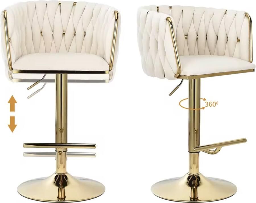 J&R Luxe barkruk Fluweel Barkruk Set van 2 Gevlochten Hoogte verstelbaar 360 graden draaibaar Velvet Gouden poot Zwart - Foto 2