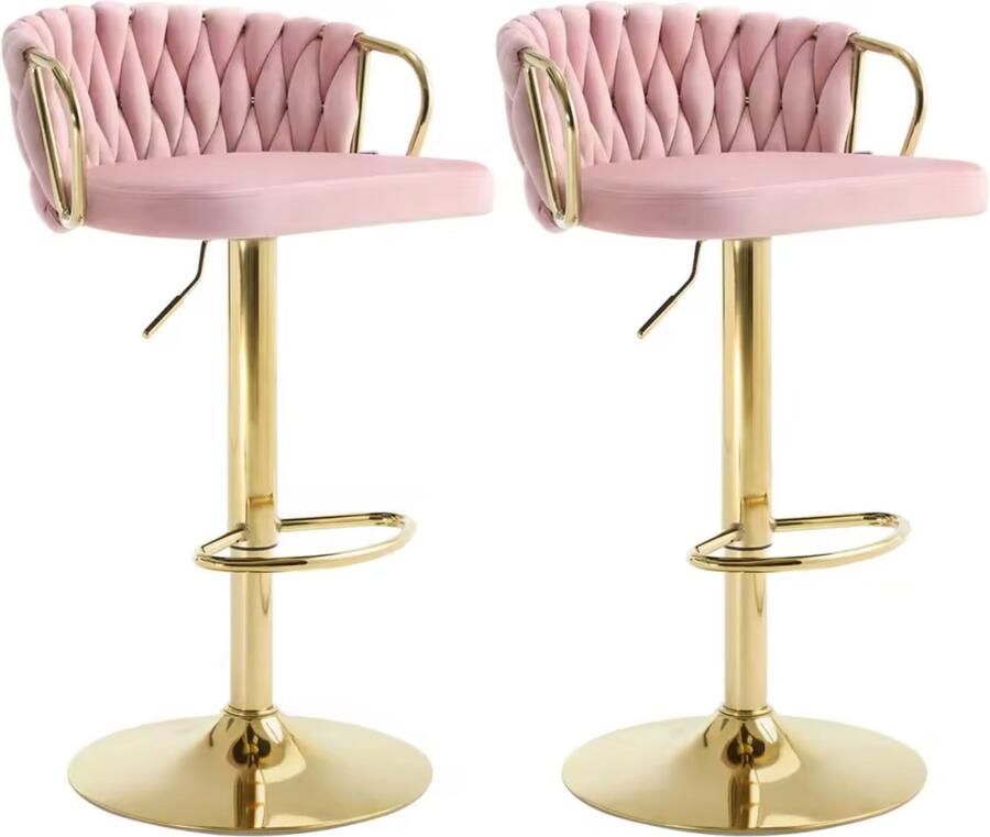 J&R Luxe barkruk Fluweel Barkruk Set van 2 Gevlochten Hoogte verstelbaar 360 graden draaibaar Velvet Gouden poot Roze