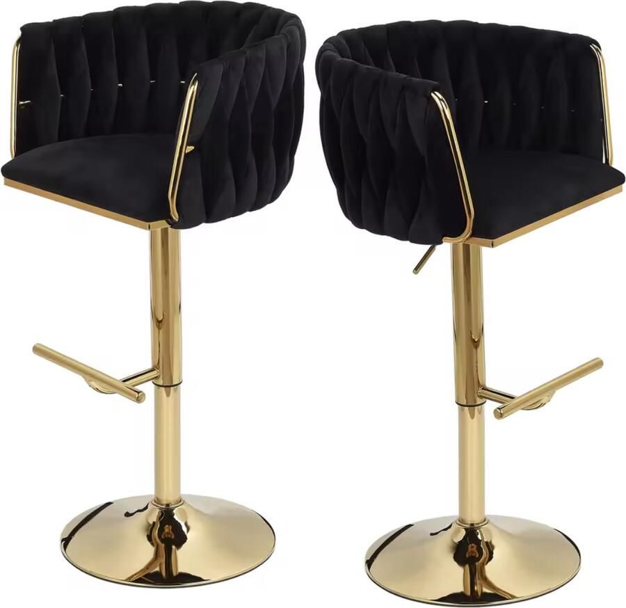 J&R Luxe barkruk Fluweel Barkruk Set van 2 Gevlochten Hoogte verstelbaar 360 graden draaibaar Velvet Gouden poot Zwart