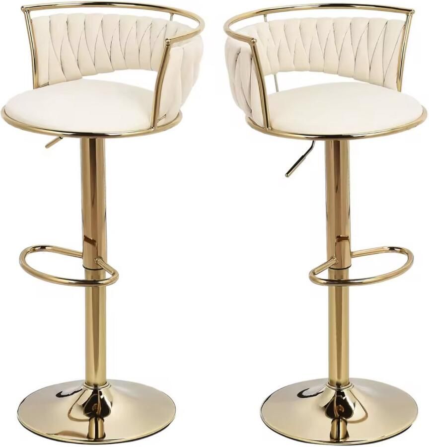 J&R Luxe barkruk Fluweel Barkruk Set van 2 Gevlochten Hoogte verstelbaar 360 graden draaibaar Velvet Gouden poot Cream Wit