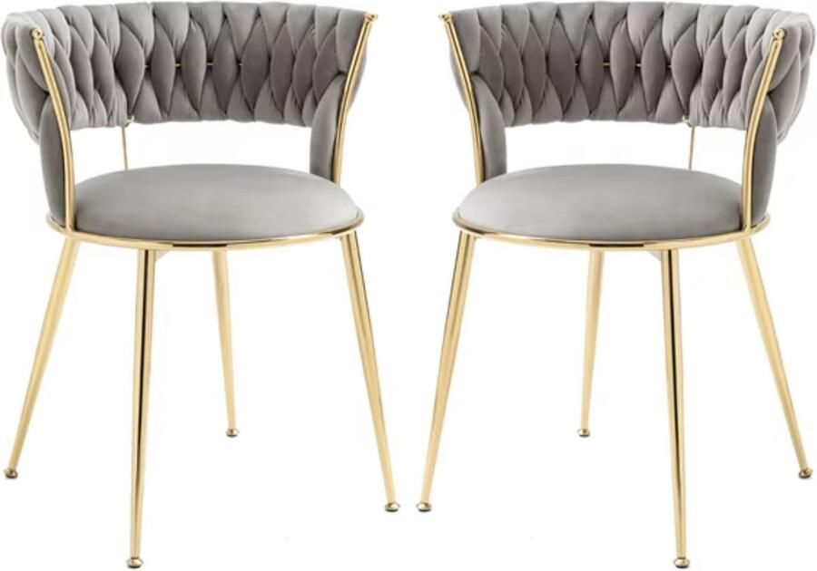 J&R Luxe eetkamerstoel Set van 2 stoelen Fluweel eetkamerstoel Eettafel stoel Gevlochten Grijs Goud - Foto 2