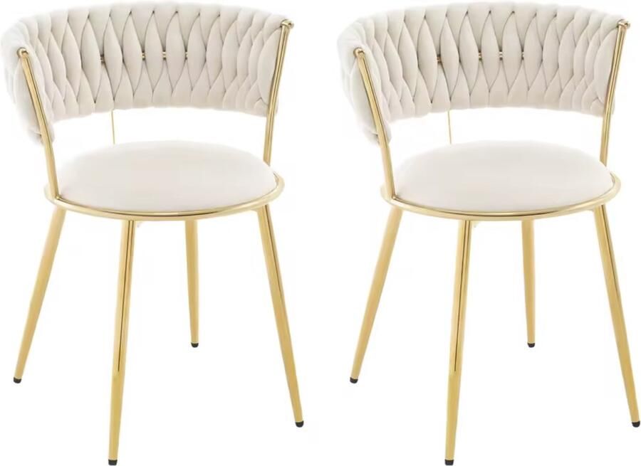J&R Luxe eetkamerstoel Set avn 2 stoelen Fluweel eetkamerstoel Eettafel stoel Gevlochten Wit Goud