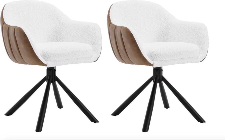 J&R Luxe eetkamerstoel Set van 2 stoelen Draaibare eetkamerstoel Teddy stof PU leer Stoel Eettafel stoel Fauteuil Boucle stof en PU leer Wit Bruin Zwart