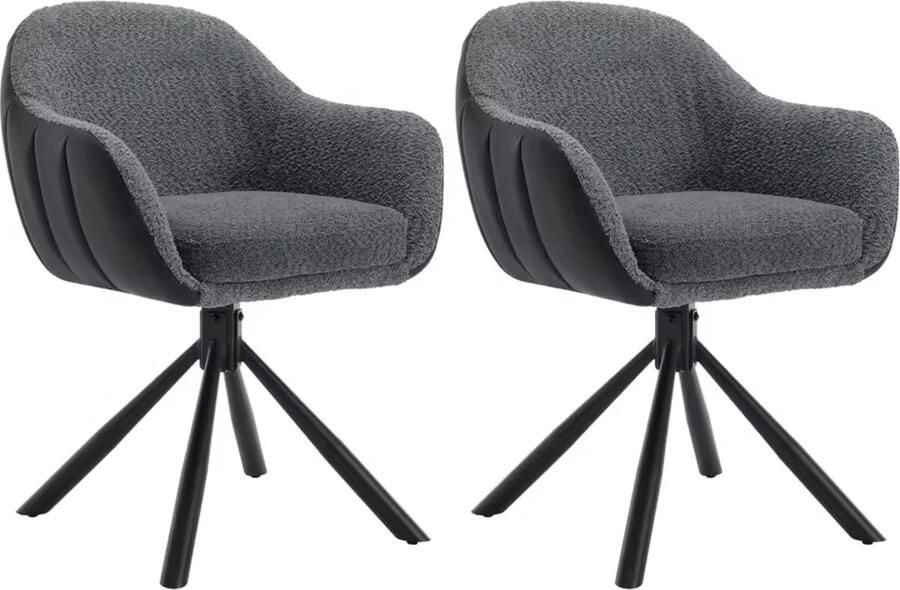 J&R Luxe eetkamerstoel Set van 2 stoelen Draaibare eetstoel Eettafel stoel Fauteuil Teddy stof PU leer Stoel Boucle stof en PU leer Donkergrijs Zwart