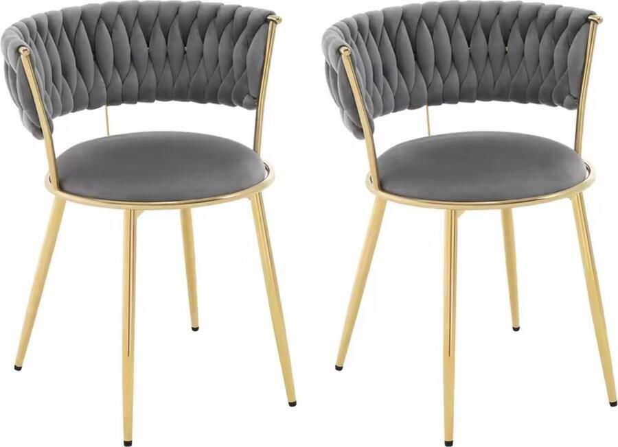 J&R Luxe eetkamerstoel Set van 2 stoelen Fluweel eetkamerstoel Eettafel stoel Gevlochten Grijs Goud
