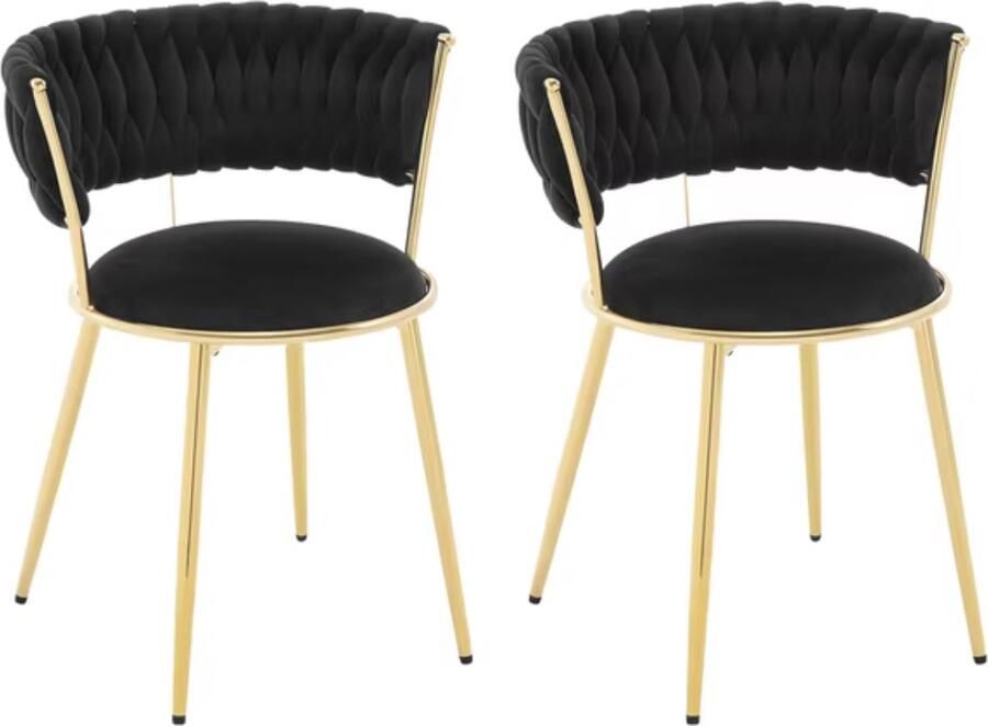 J&R Luxe eetkamerstoel Set van 2 stoelen Fluweel eetkamerstoel Eettafel stoel Gevlochten Zwart Goud