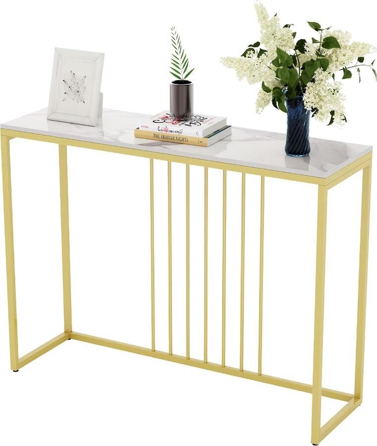 J&R Luxe sidetable Muurtafel Wandtafel Bijzettafel Console tafel Wandbureau Kaptafel Bartafel Wit marmerlook blad gesinterd steen Goud frame 100 x 300 x 78.5cm Wit