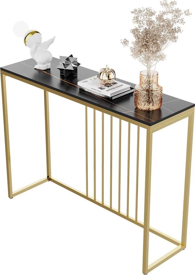 J&R Luxe sidetable Muurtafel Wandtafel Bijzettafel Gangtafel Console tafel Wandbureau Kaptafel Bartafel Zwart marmerlook blad Gesinterd steen Goud frame 100 x 300 x 78.5cm