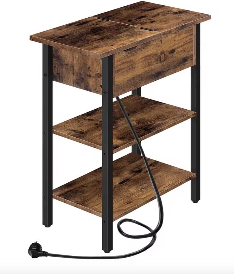 J&R Nachtkastje Bijzettafel Eindtafel Koffietafel Opbergvak Klep Dubbel stopcontact Dubbel USB-A Hout Metaal Bruin Zwart