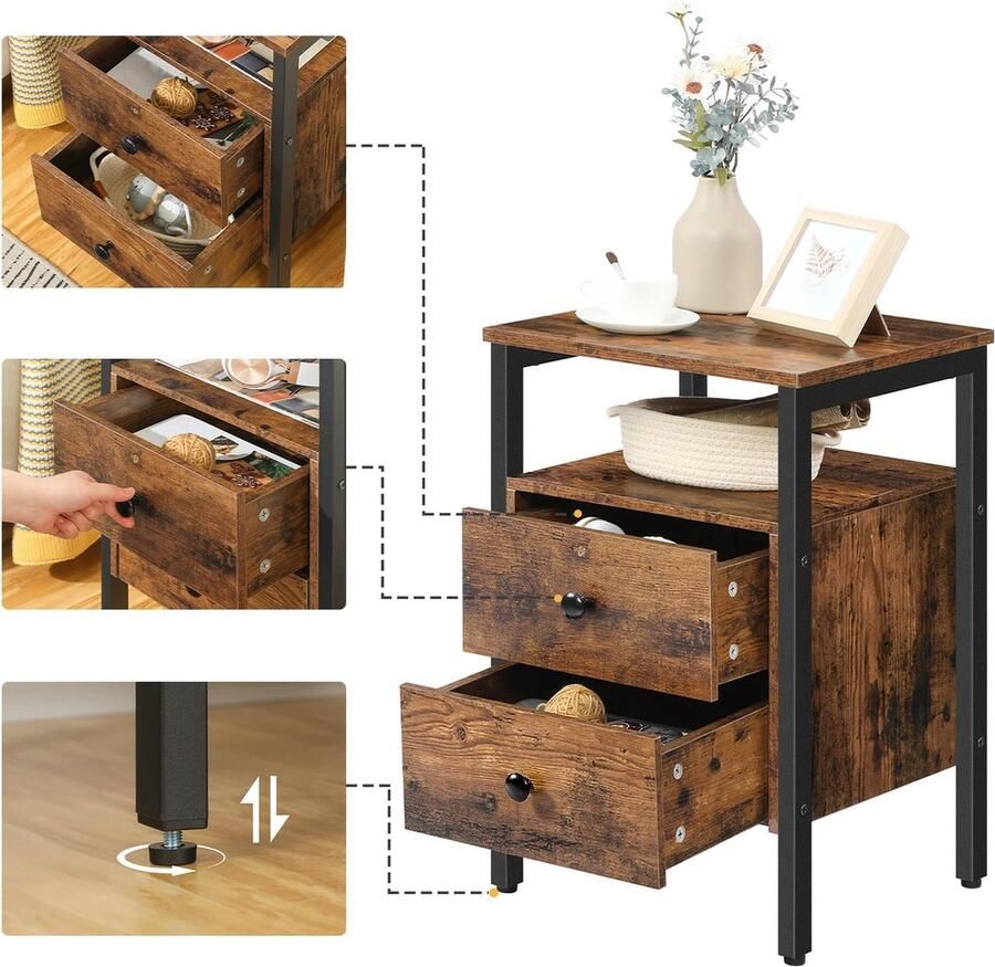 J&R Nachtkastje Donker hout Rustic brown Zijtafel Bijzettafel Industrieel 2 lades Opbergplanken 40x40x61 cm