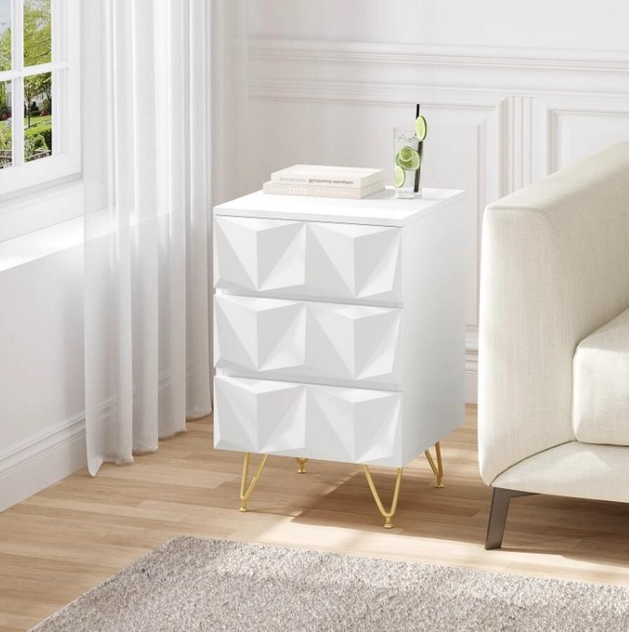 J&R Nachtkastje Set van 2 nachtkastjes Geometrische design nachtkastje 3 lades 3D effect Klein dressoir Modern Retro Wit Goud Set van 2 40x62.5x40 cm - Foto 2