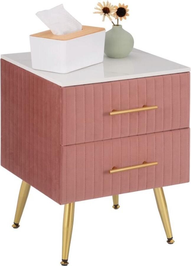 Woltu J&R Nachtkastje Klein dressoir Commode Nachtkastje Met 2 Lades Marmer Fluweel Velvet Roze met wit