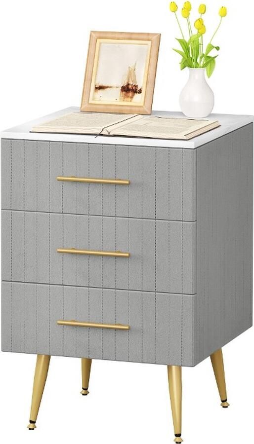 J&R Nachtkastje Klein dressoir Commode Nachtkastje Met 3 Lades Marmer Fluweel Velvet Grijs Wit Goud