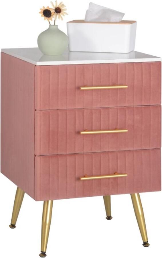 Woltu J&R Nachtkastje Klein dressoir Commode Nachtkastje Met 3 Lades Marmer Fluweel Velvet Roze Wit Goud