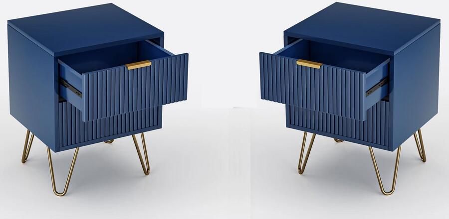 J&R Nachtkastje Set van 2 Bijzettafel Eindtafel Ladekast 2 laden Gouden poot Hout MDF Metaal Blauw Goud