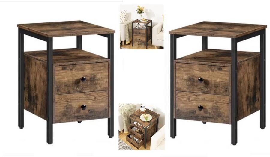 J&R Nachtkastje Set van 2 Bijzettafel Industriele kastjes Opbergkast voor Slaapkamer Gangkastje Smalle kastjes 40X40x61cm Bruin Zwart