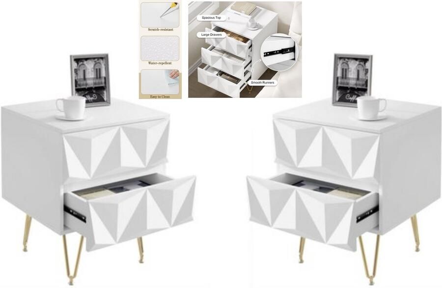 J&R Nachtkastje Set van 2 nachtkastjes Geometrische design nachtkastje 2 lades 3D effect Klein dressoir Modern Retro Wit Goud 2 stuks 40x53x40 cm