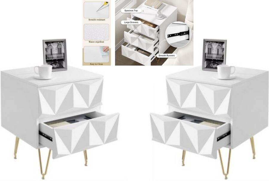 J&R Nachtkastje Set van 2 nachtkastjes Geometrische design nachtkastje 3 lades 3D effect Klein dressoir Modern Retro Wit Goud Set van 2 40x62.5x40 cm