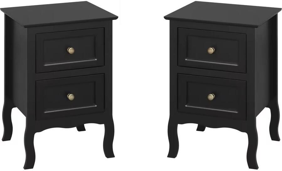 J&R Nachtkastje Set van 2 nachtkastjes Klein dressoir bijzettafel Nachtkastje Met 2 Lades Barok Zwart Set van 2 40x30x60cm