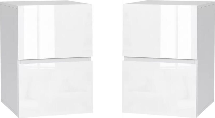 J&R Nachtkastjes Set van 2 nachtkastjes Hoogglans nachtkastje Nachtkast Ladekast 2 Lades Hoogglans wit Kastje Bed Wit 40cm