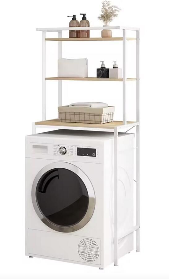 J&R opbergkast Wasmachine ombouw Toilet ombouw Kast over toilet Kast over wasmachine Opberg rek Badkamer kast Plank Hout Metaal Wit Light oak 67x162x40cm