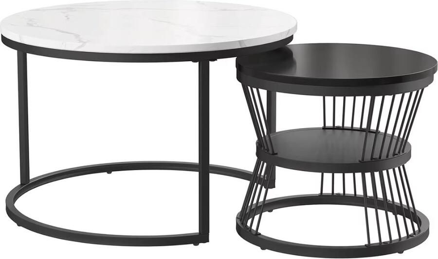 J&R Salontafel duo Klein en Groot Set Marmerlook Metalen poot Gesinterd steen Zwart Goud 45cm 70cm - Foto 2