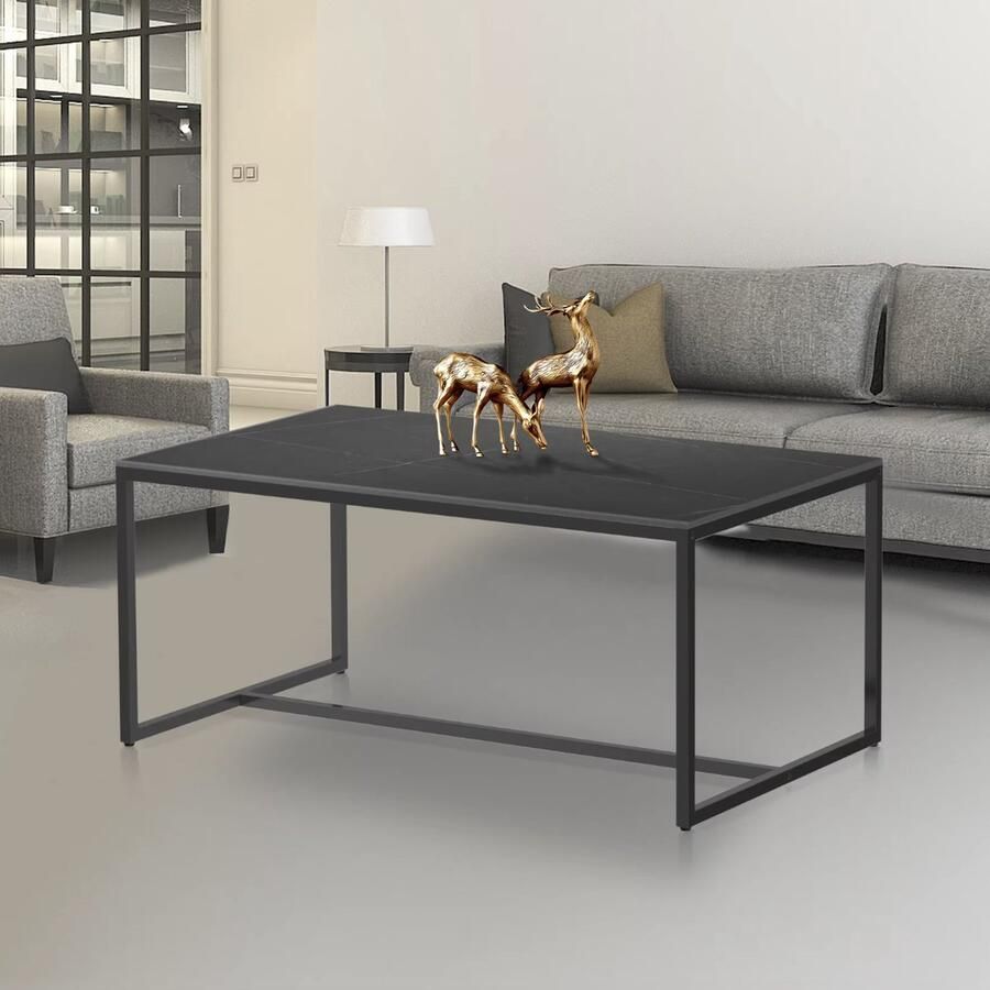 J&R Salontafel Gesinterd steen salontafel Marmerlook Tafel Rechthoek Zwart 100x60x43cm