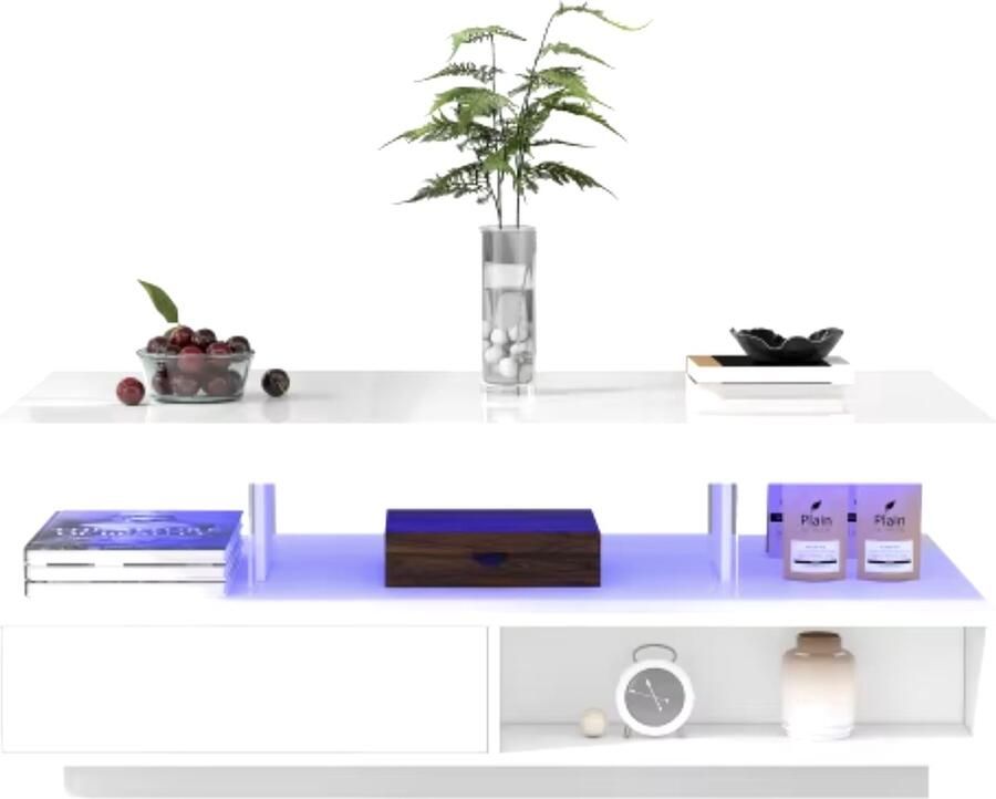 J&R Salontafel Hoogglans salontafel Luxe salontafel 2 Lades 2 Vakken Glazen inzetstukken LED verlichting App gestuurd Hoogglans Wit