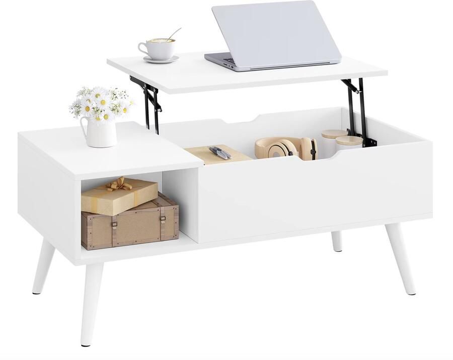 J&R Salontafel met opbergvak Salontafel met hefplank Opbergruimte Met klep 1 vak Wit Hout 100x43x50cm