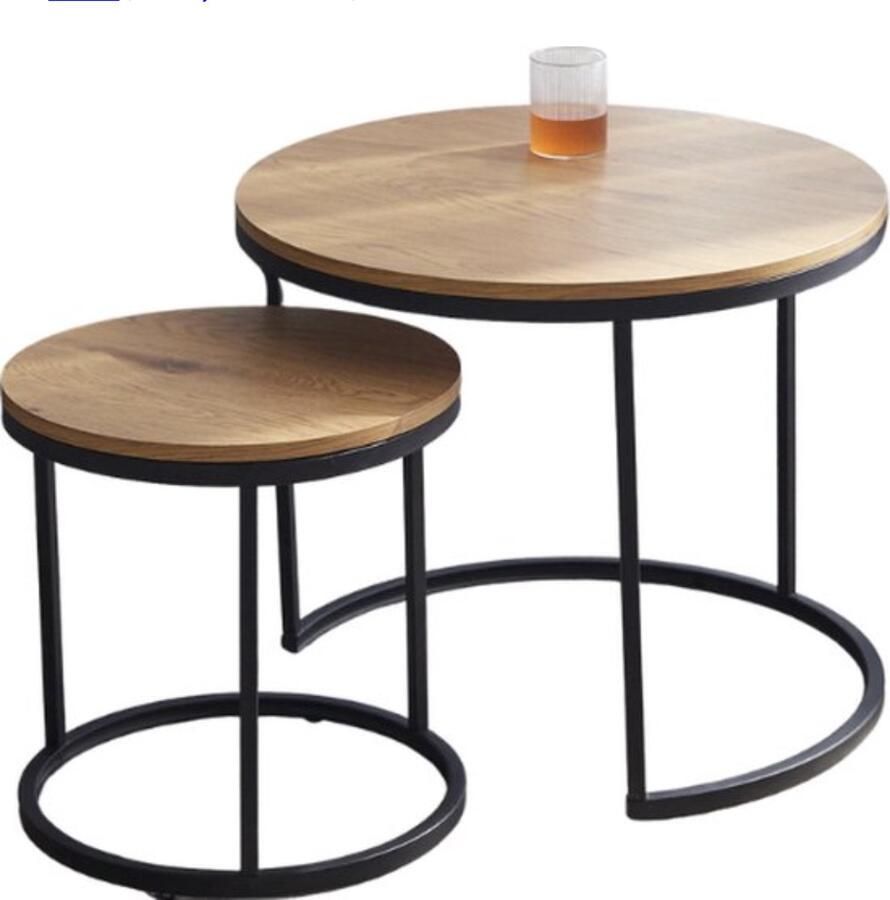 NÖRDIC J&R salontafel Ronde salontafels Nordic 2 stuks Dubbel Rond Minimalistisch Trend Salontafels 2 in 1 Hout Metaal Light Oak - Foto 2