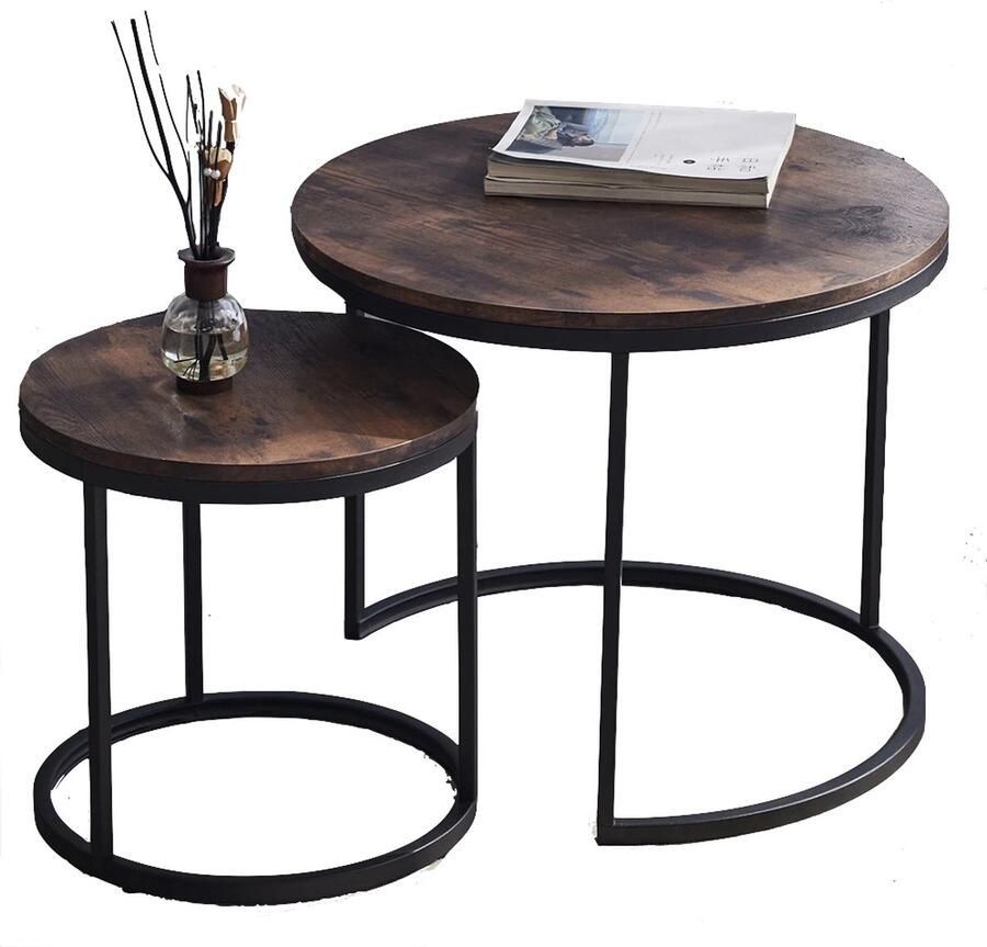 NÖRDIC J&R salontafel Ronde salontafels Nordic 2 stuks Dubbel Rond Minimalistisch Trend Salontafels 2 in 1 Hout Metaal donker hout
