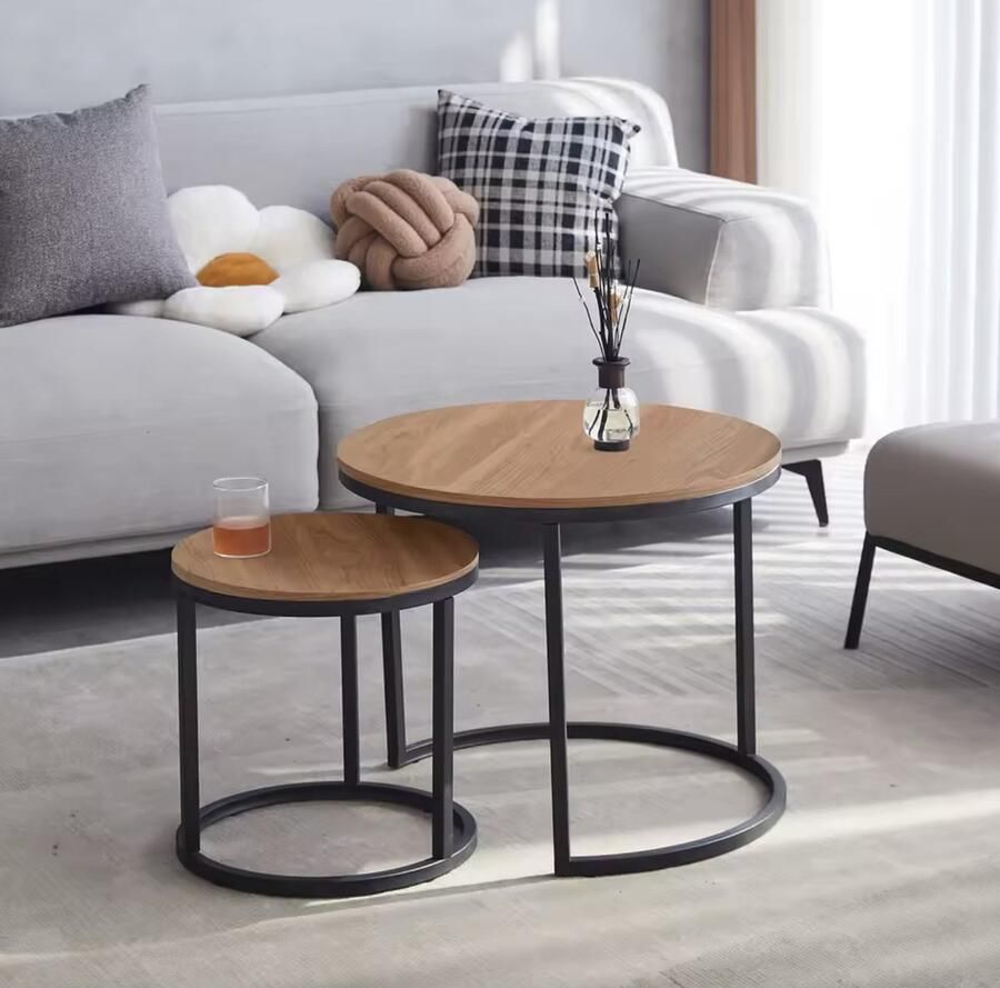 NÖRDIC J&R salontafel Ronde salontafels Nordic 2 stuks Dubbel Rond Minimalistisch Trend Salontafels 2 in 1 Hout Metaal Light Oak
