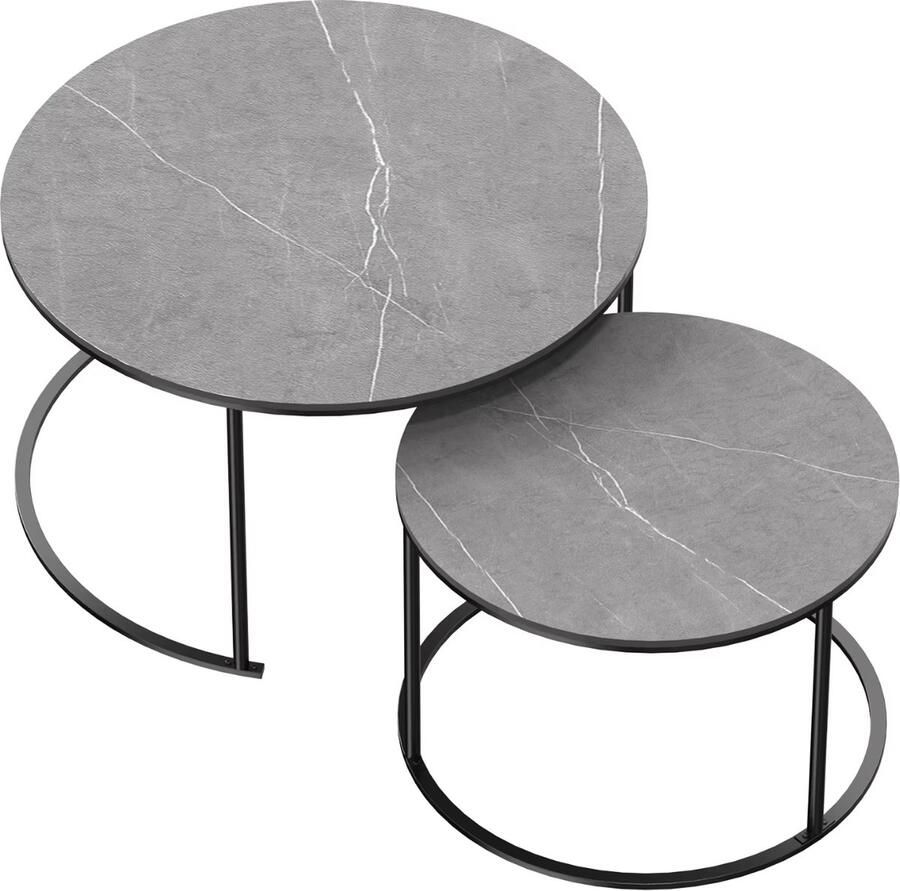 J&R Salontafel Ronde salontafels Marmerlook set van 2 Gesinterd steen Donkergrijs Zwart frame 80 en 60 cm
