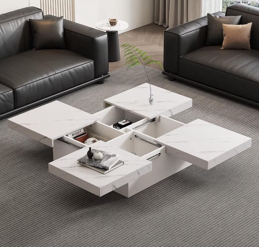 J&R Salontafel Vierkante salontafel Uitschuifbaar Met vakken Lades Marmerlook wit