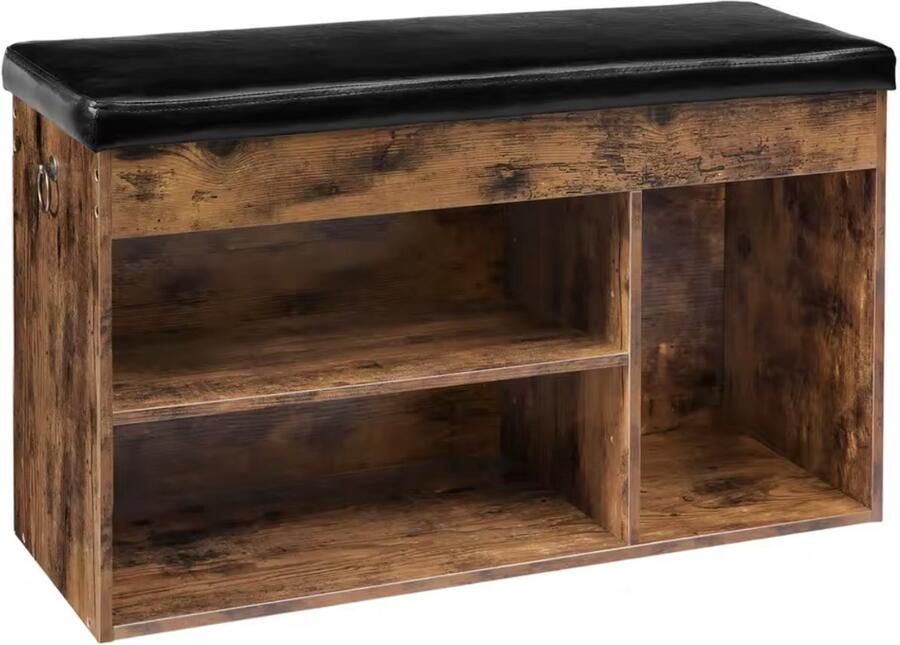 J&R Schoenenbank met zitkussen Schoenenkast Gang bank Kist Opbergkast schoenen Hout PU Leer Bruin 82x31.5x44cm