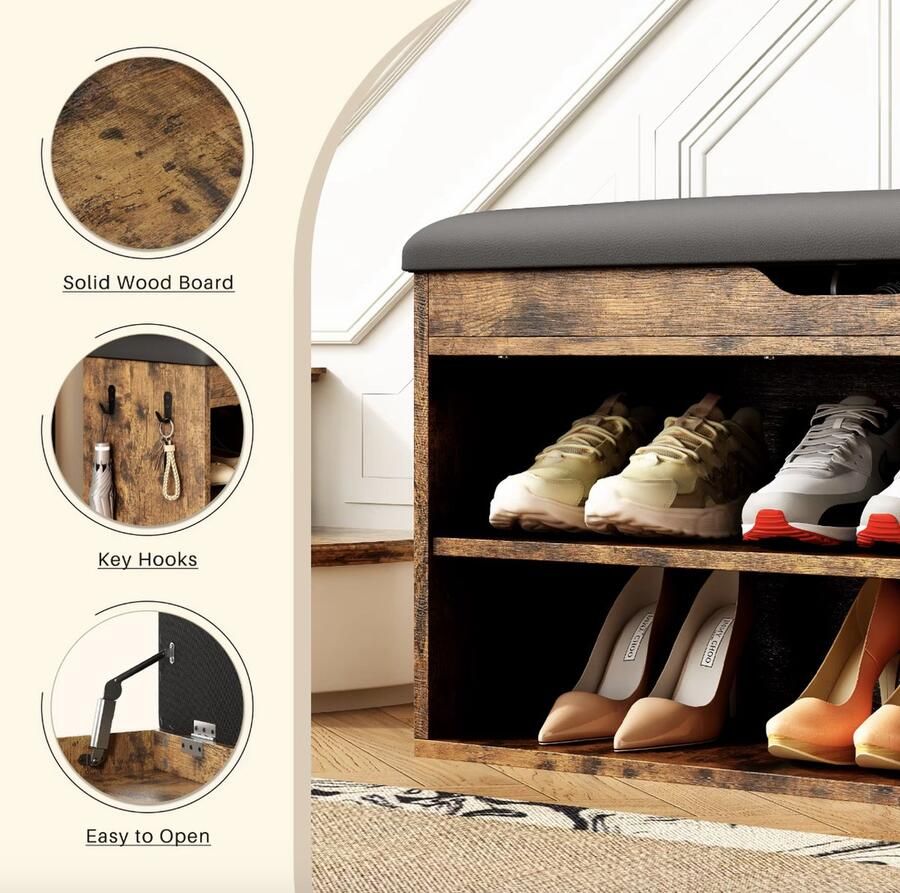 J&R Schoenenbank met zitkussen Schoenenkast Gang bank Kist Opbergkast schoenen Hout PU Leer Bruin 82x31.5x44cm - Foto 2