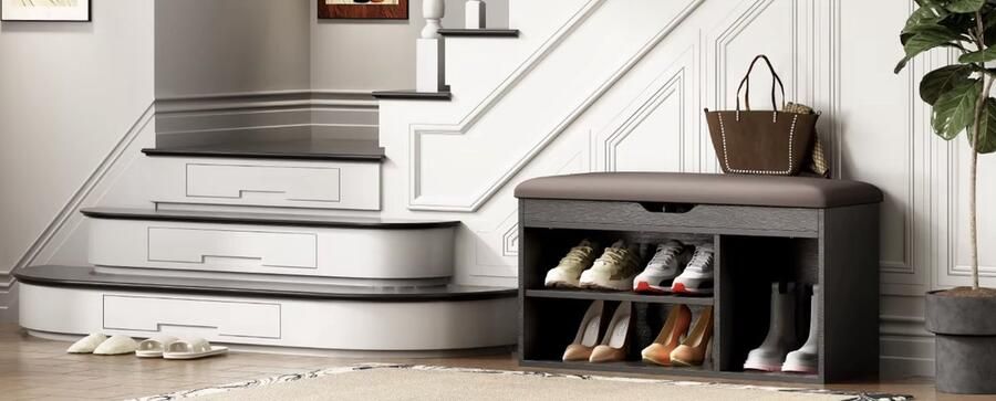 J&R Schoenenbank met zitkussen Schoenenkast Gang bank Opbergkast schoenen Hout PU Leer Zwart 80x30x40cm