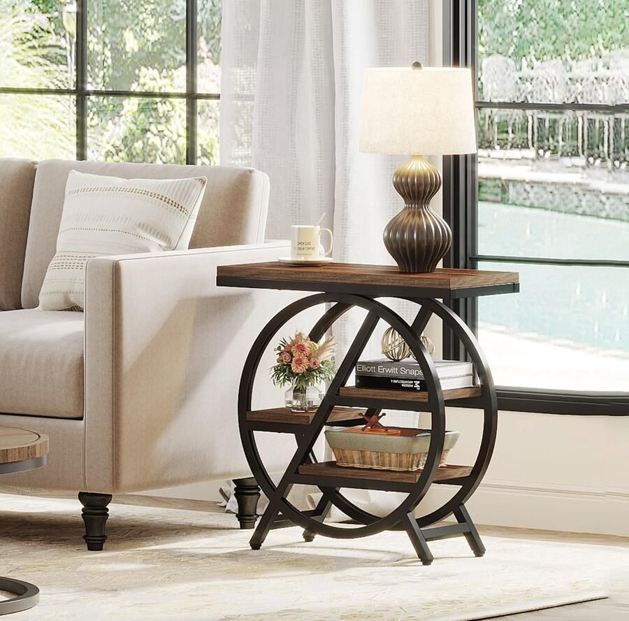 J&R Sidetable Bijzettafel Eindtafel Koffietafel Banktafel Gangtafel Nachtkastje Tafel Industriële sidetable Rond Hout Metaal Bruin