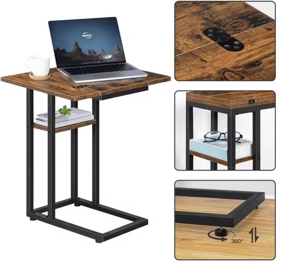 J&R Sidetable C-vorm eindtafel Banktafel Bijzettafel Op wieltjes Usb Usb-c Stopcontact Bruin Zwart