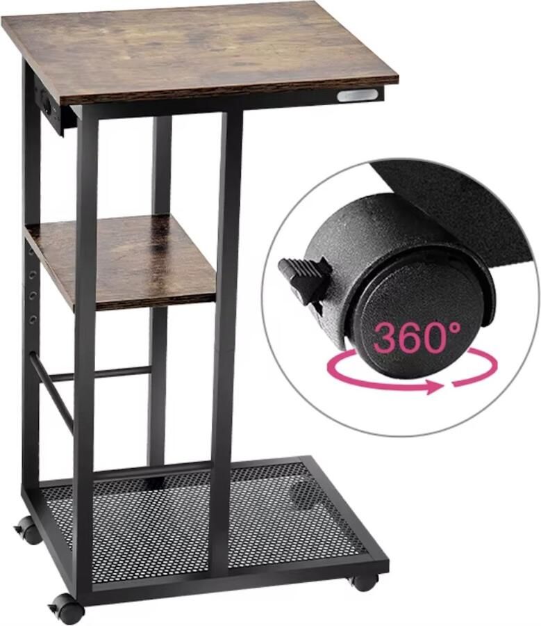 J&R Sidetable C-vorm eindtafel Banktafel Bijzettafel Op wieltjes Usb Usb-c Stopcontact Bruin Zwart - Foto 2